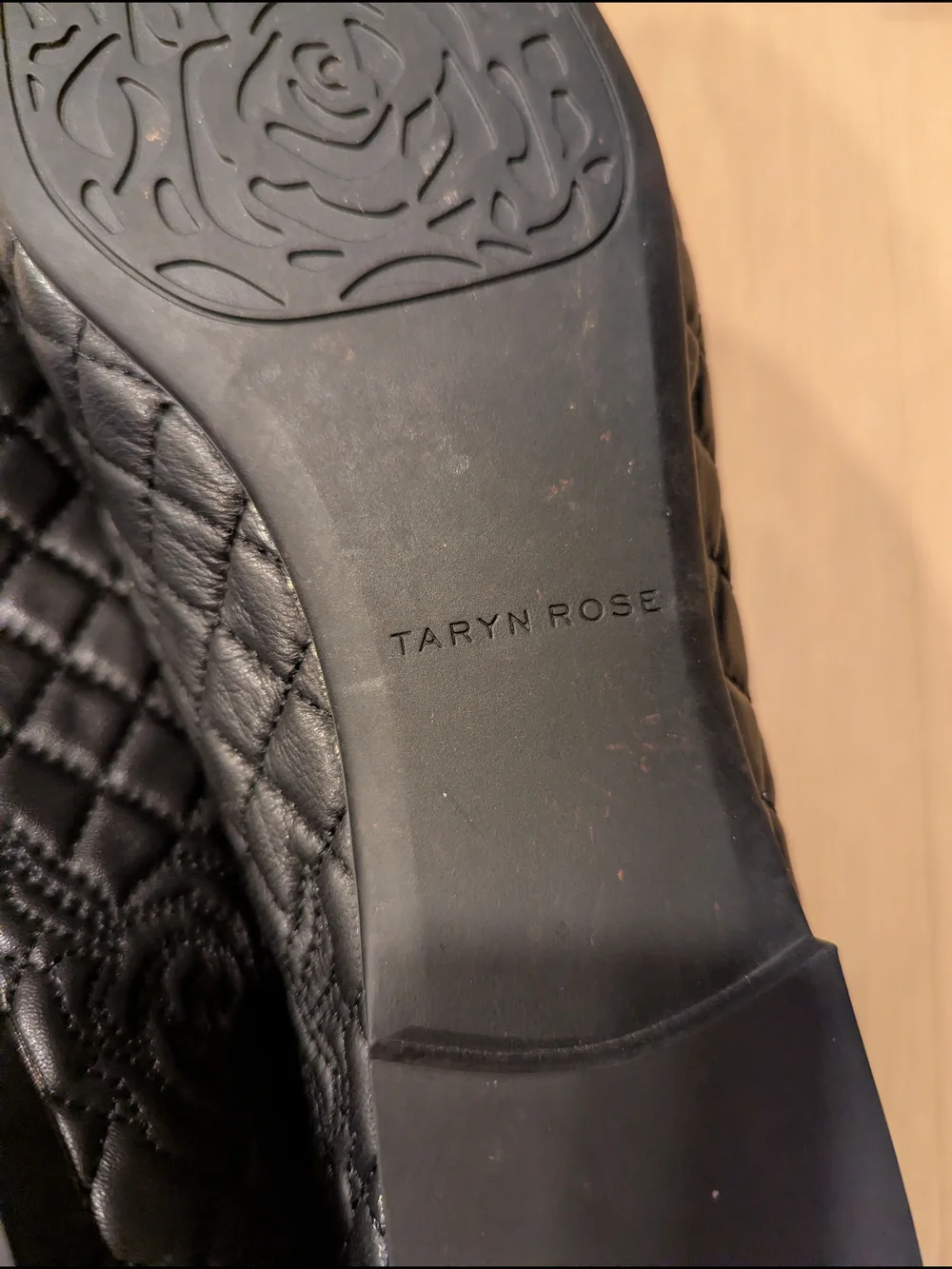 Taryn Rose Quilted Black Flats with Leopard Cap Toe